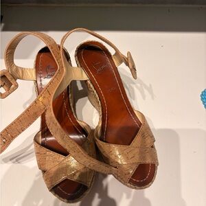 Christian Louboutin Cork Wedge Sandals in Tan with Gold Accents